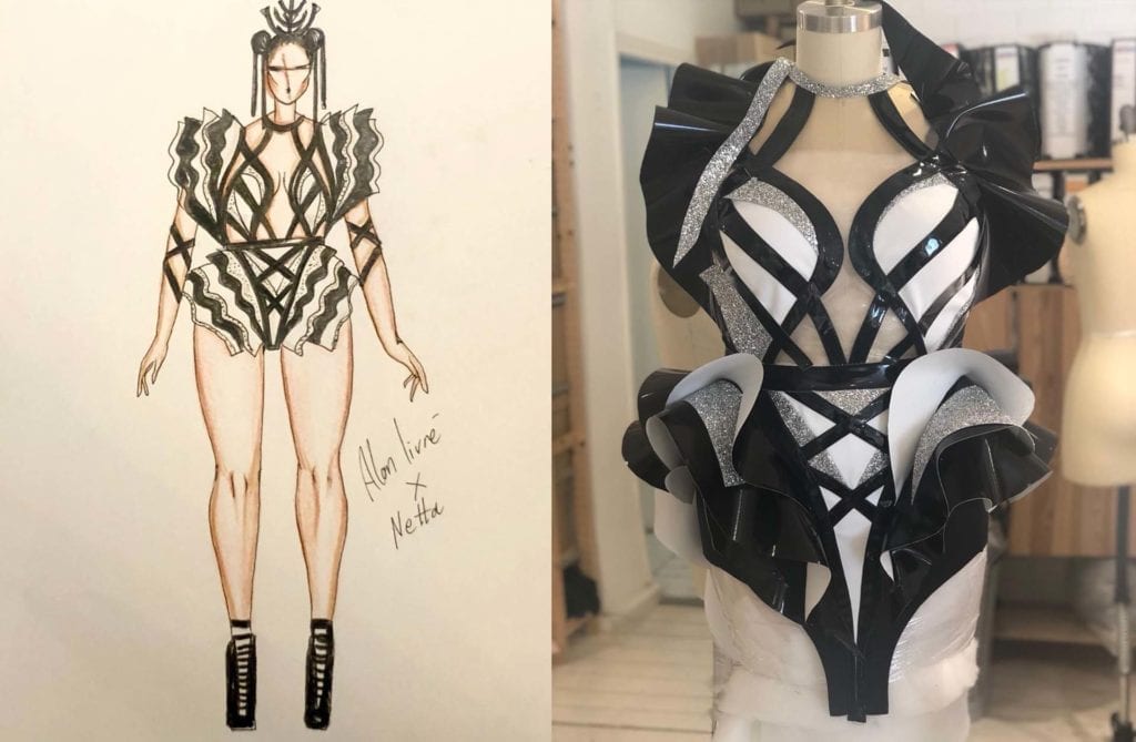 סקיצת השמלה של אלון ליבנה והדגם שעיצב לנטע ברזילי